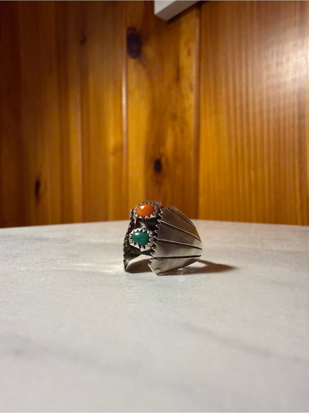 Vintage Navajo Sterling Silver Turquoise and Coral Stone Women's Ring